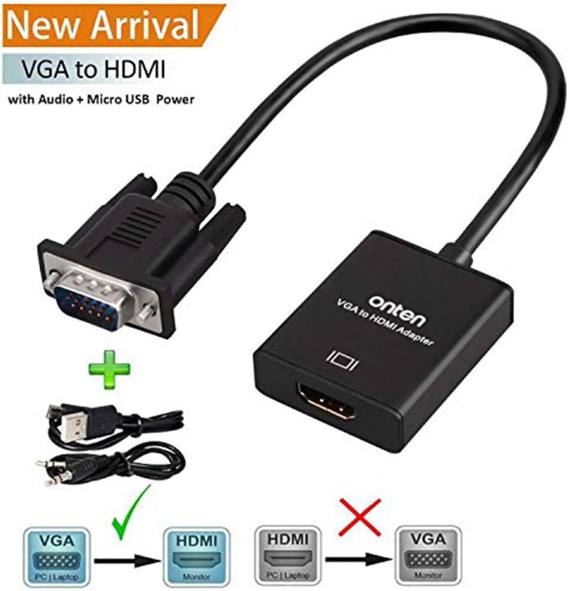 onten VGA to HDMI, 1080P Adapter (Male to Female) for Computer, Desktop, Laptop, PC, Monitor, Projector, HDTV with Audio Cable and USB Cable (1 Pcs) - Image 2